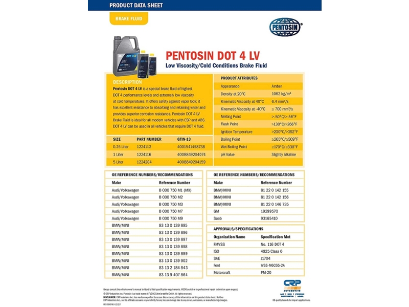 DOT 4 LV Low Viscosity Brake Fluid Pentosin